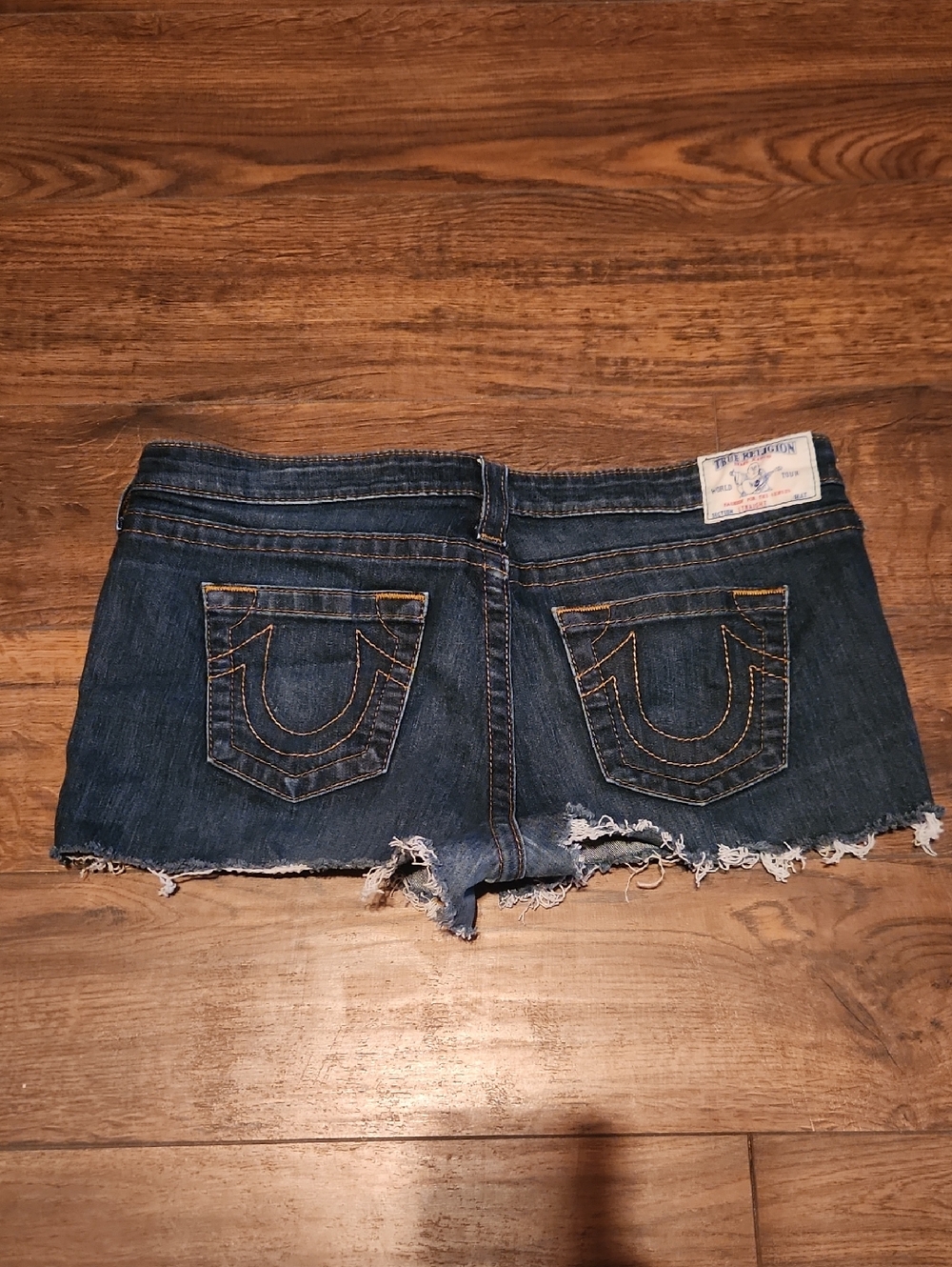 Women True Religion Vintage Indigo Denim Frayed Hem Shorts